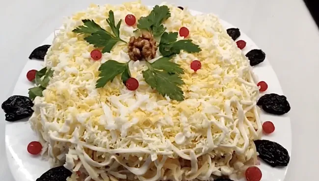 Салат «Черный жемчуг»: нежное сочетание крабовых палочек и чернослива для новогоднего стола