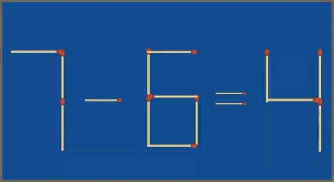 Исправьте равенство 7−6=4 за 13 секунд, убрав две спички
